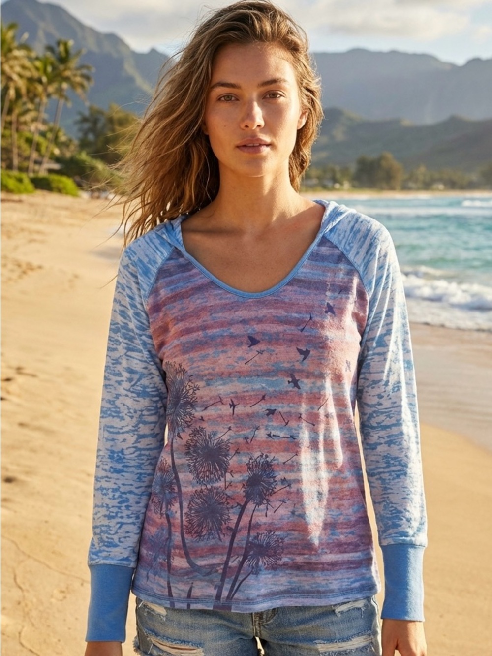 prAna Women's Dandelion Graphic Striped Burnout Raglan Hoodie Size Small